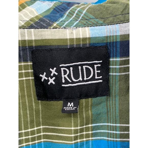 XXX RUDE Men's Green-Blue Plaid Button-Up Long Sleeve Regular-Fit Shirt SZ M - Picture 8 of 10